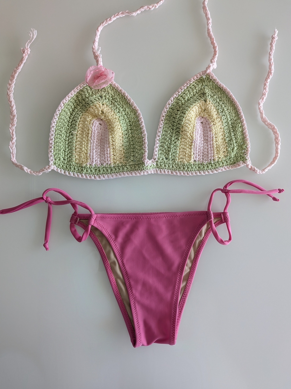 Crochet Pink Green yellow Bikini Set Adjustable Strap 2 Piece Swimwear NWOT M